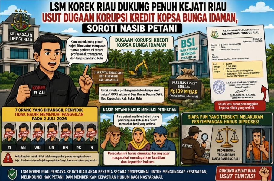 LSM KOREK Riau Dukung Kejati Usut Dugaan Korupsi Kredit Kopsa Bunga Idaman