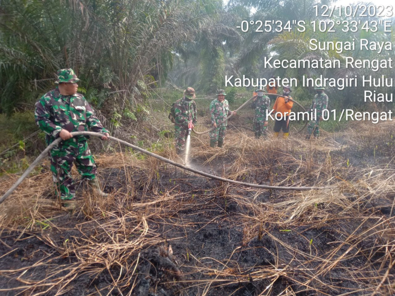 Personil Koramil 01/Rengat Bersama Tim Gabungan Berjibaku Memadamkan Api Lahan Milik Warga Yang Terbakar