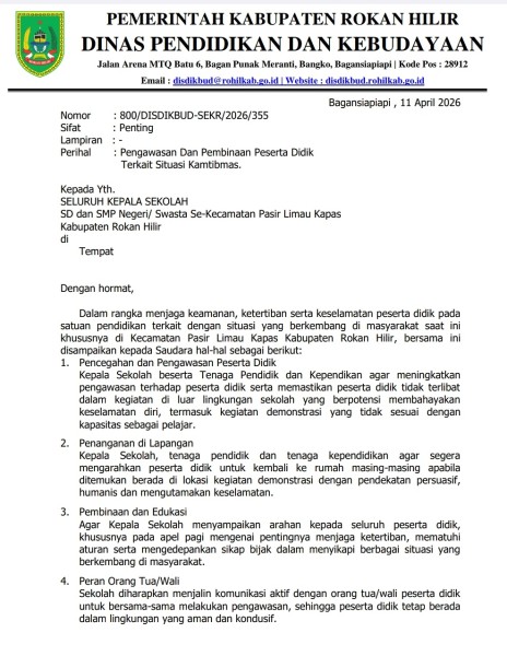 Jaga Kondusivitas Pelajar, Disdikbud Rohil Instruksikan Pengawasan Ketat di Pasir Limau Kapas