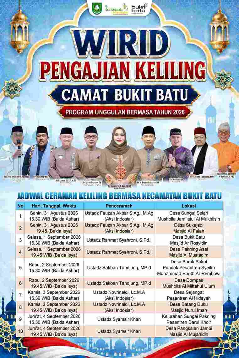 Wirid Pengajian Keliling Kecamatan Bukit Batu, Program Unggulan Bermasa Hadirkan Dakwah dan Kepedulian Sosial