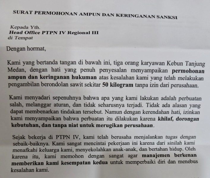 Tiga Karyawan Kebun Tanjung Medan PTPN IV Mohon Ampunan dan Kesempatan Kedua