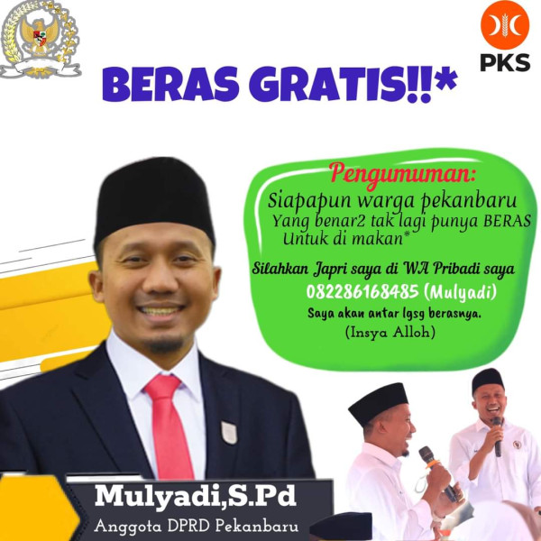 Pengumuman! Siapapun Warga Pekanbaru Yang tak Lagi Punya Beras Untuk Dimakan, hubungi Mulyadi, S.Pd