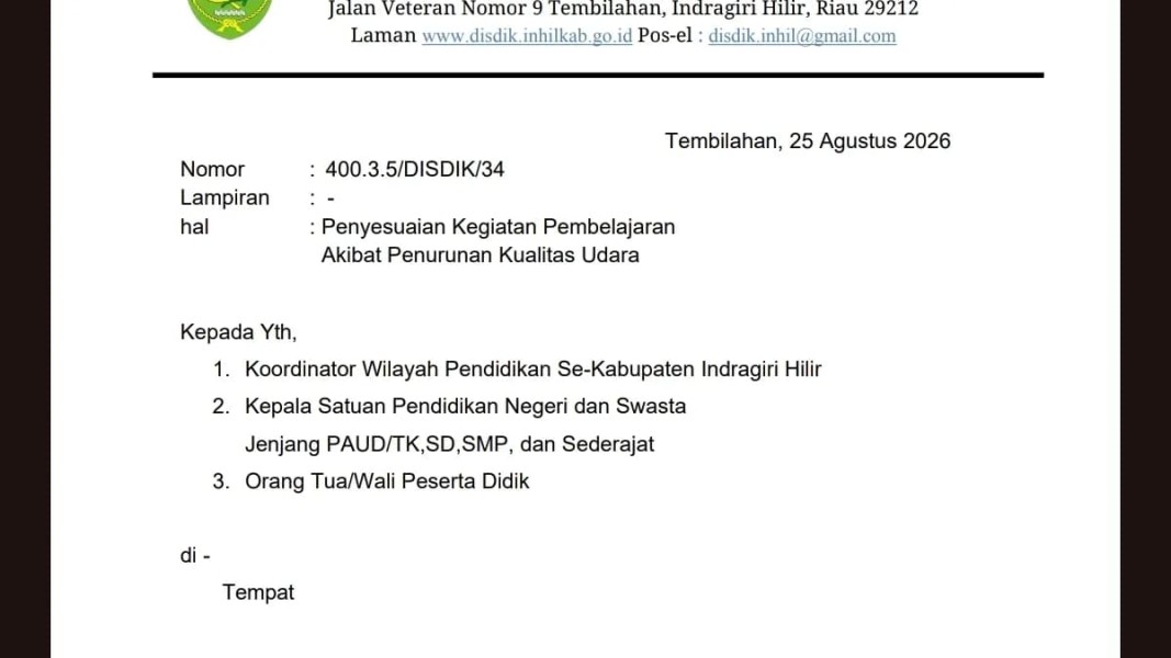 Kualitas Udara Inhil Tidak Sehat, Disdik Sesuaikan Kegiatan Pembelajaran di Sekolah